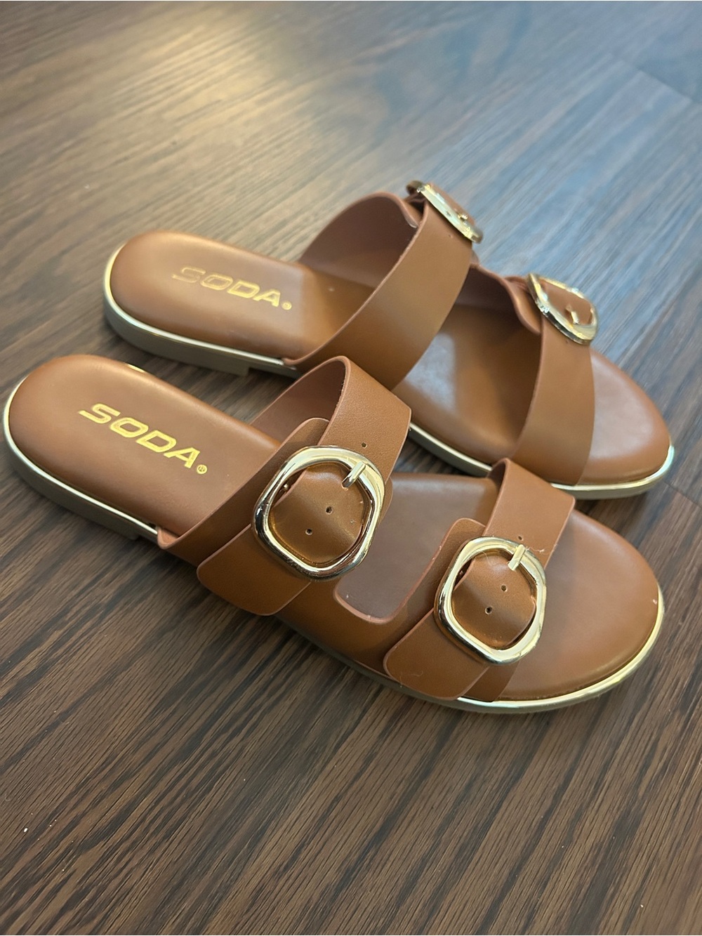 Soda Tan Double-Buckle Slide Sandals with Gold Accents